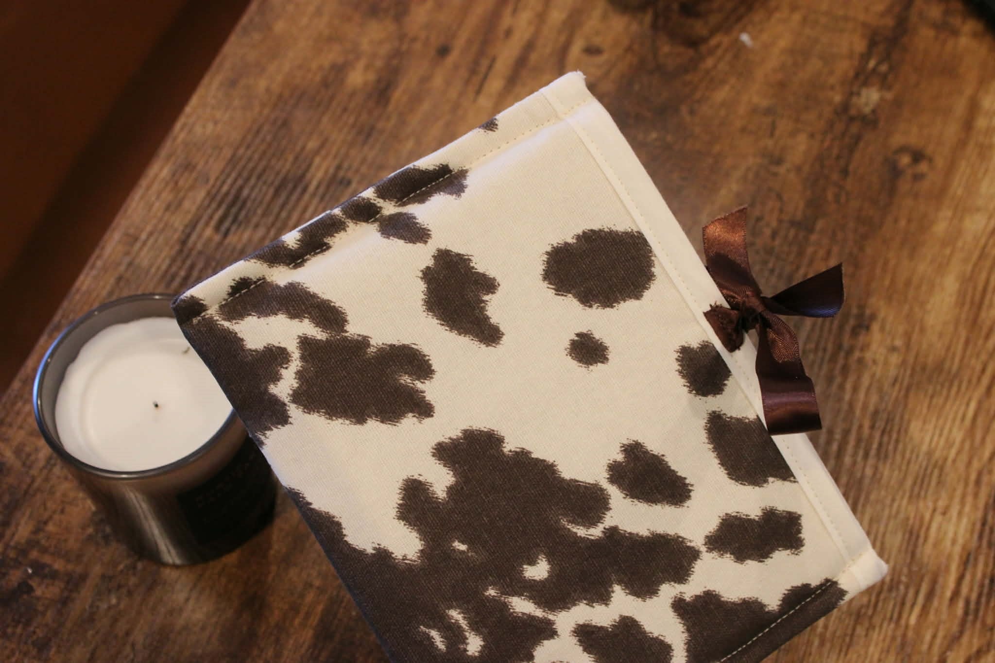Handmade Cow Print Kindle Cover with Brown Satin Ribbon
