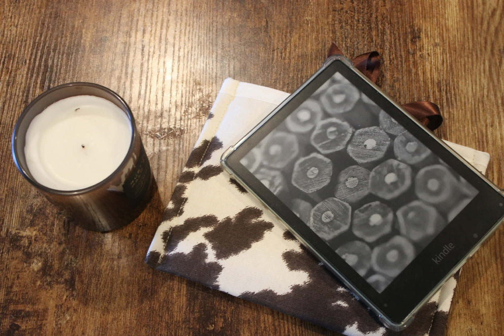 Handmade Cow Print Kindle Cover with Brown Satin Ribbon