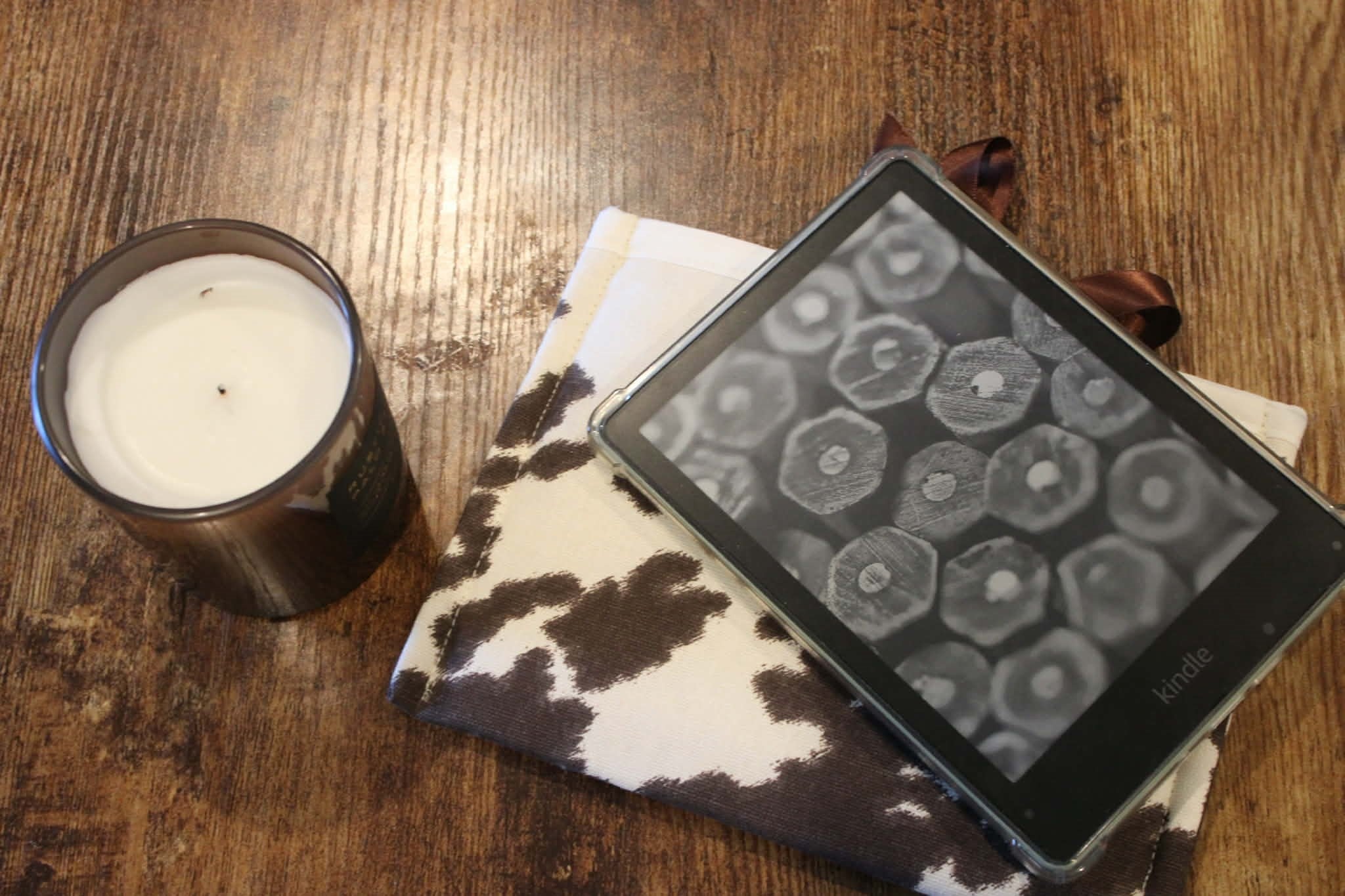 Handmade Cow Print Kindle Cover with Brown Satin Ribbon